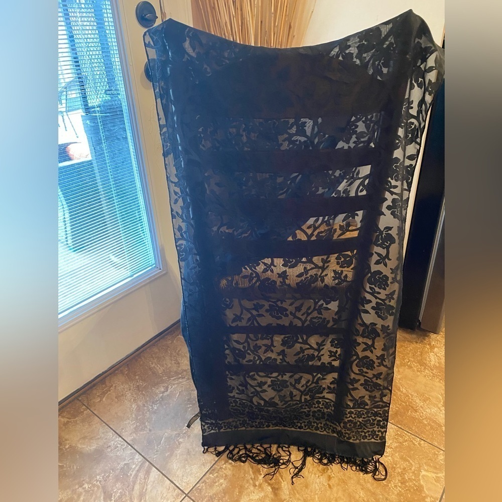 Echo Black Sheer Floral Burnout Scarf Fringe Hem